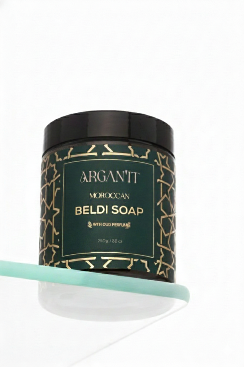 Argan'It Organic Moroccan Black Soap with Oud – Authentic Beldi Exfoliating Scrub, Traditional Hammam Savon Noir, 250g (8.8 oz)