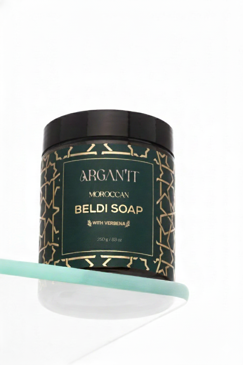 Argan'It Organic Moroccan Black Soap with Argan Oil & Verbena – Authentic Beldi Exfoliating Scrub, Traditional Hammam Savon Noir, 250g (8.8 oz)