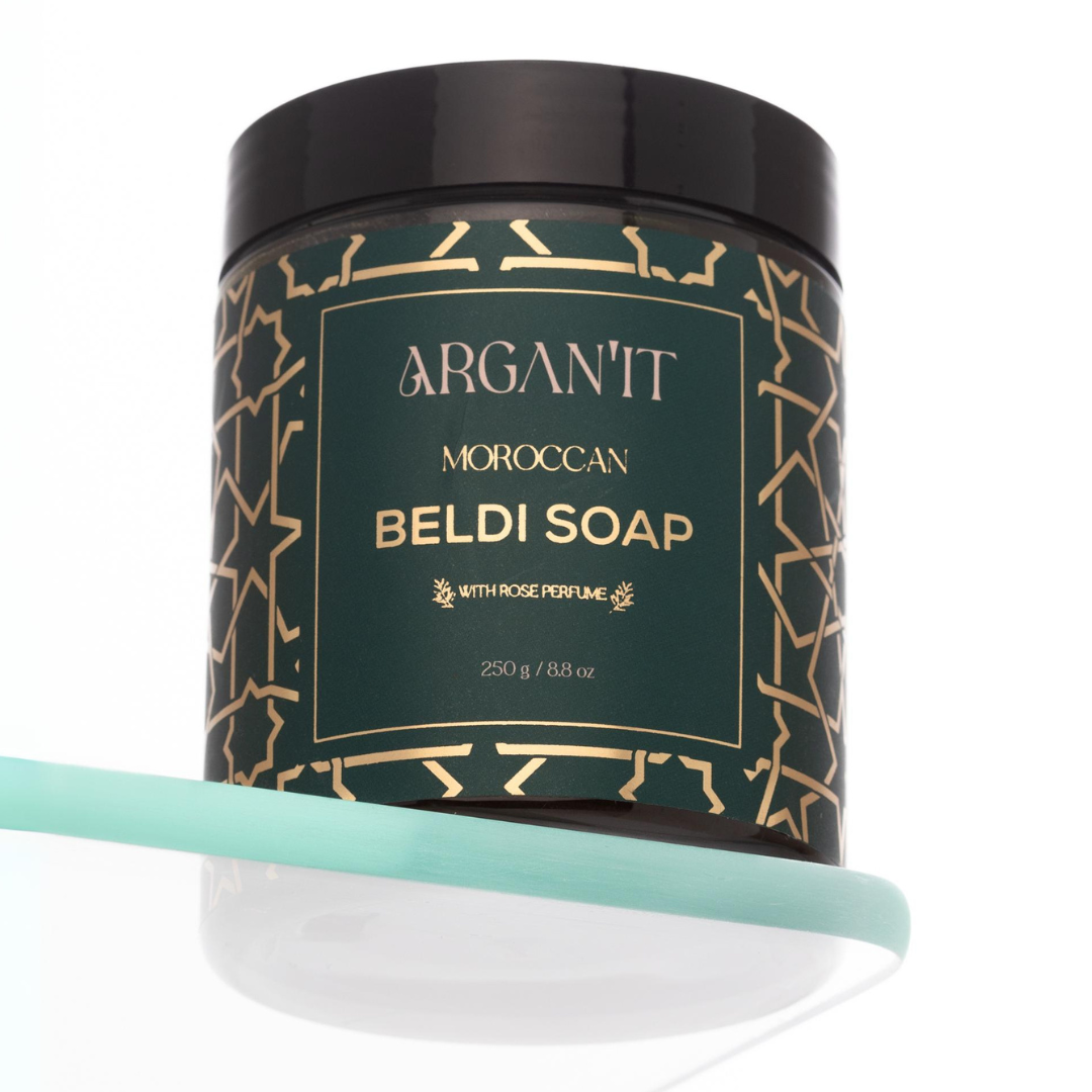 Argan'It Organic Moroccan Black Soap with Rose – Authentic Beldi Exfoliating Scrub, Traditional Hammam Savon Noir, 250g (8.8 oz)