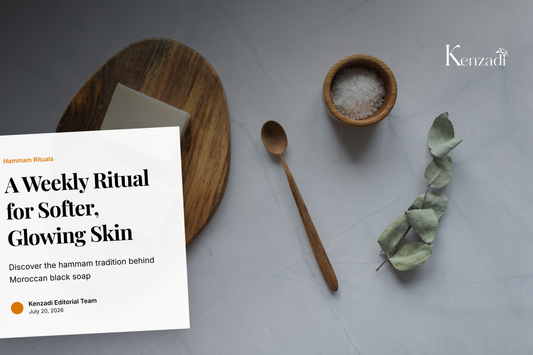 Bar of Moroccan black soap with rose petals and eucalyptus leaves for skin exfoliation
