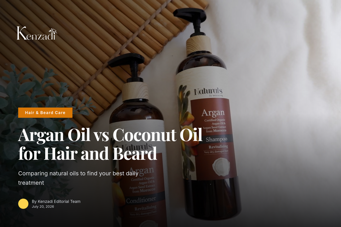 Bottle of KENZADI Premium Moroccan Argan Oil for hair and beard treatment beside natural oil drops
