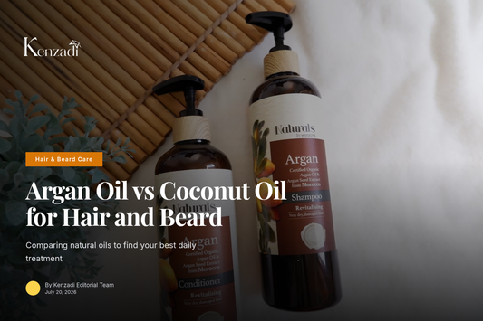 Bottle of KENZADI Premium Moroccan Argan Oil for hair and beard treatment beside natural oil drops