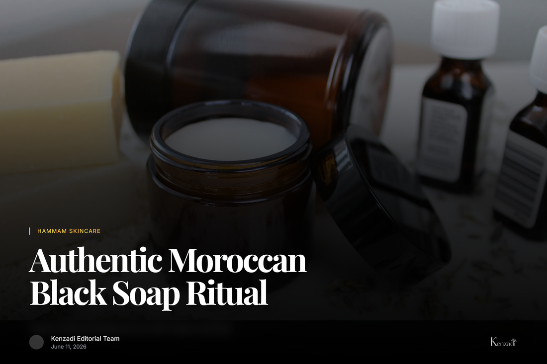 Jar of dark Moroccan black soap paste with argan oil and rose petals, beside a traditional kessa exfoliating