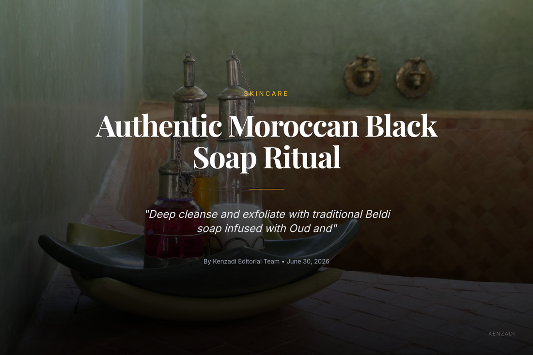 A close-up of dark Moroccan black soap paste in a jar with a wooden scoop, next to dried