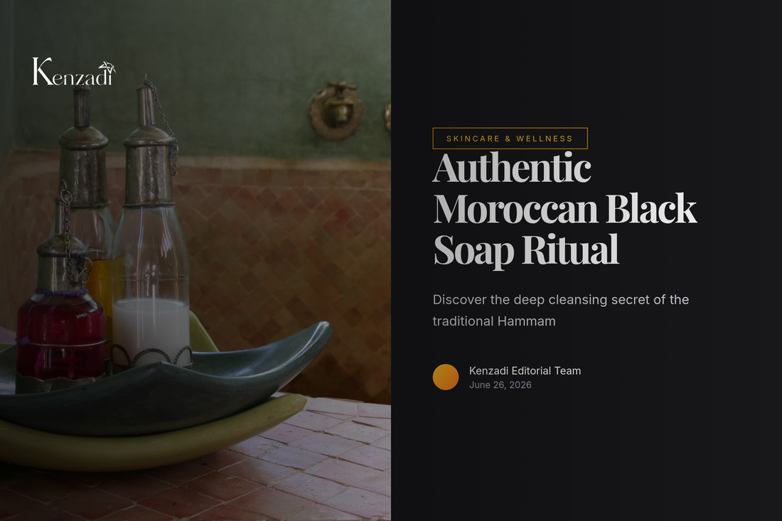A close-up of dark Moroccan Black Soap paste in a jar next to a traditional Kessa exfoliating glove