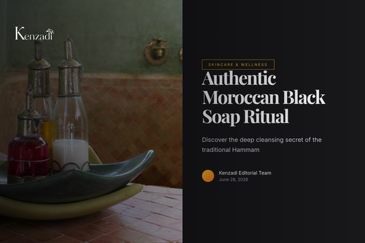 A close-up of dark Moroccan Black Soap paste in a jar next to a traditional Kessa exfoliating glove