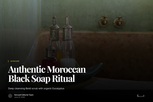 A close-up of dark green Moroccan Black Soap paste in a jar with a eucalyptus branch, on a