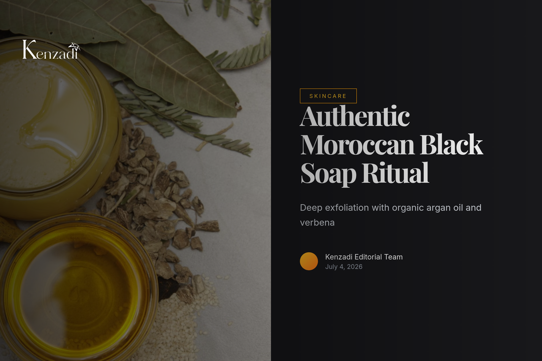 A jar of dark Moroccan black soap paste with argan oil next to a kessa glove and fresh