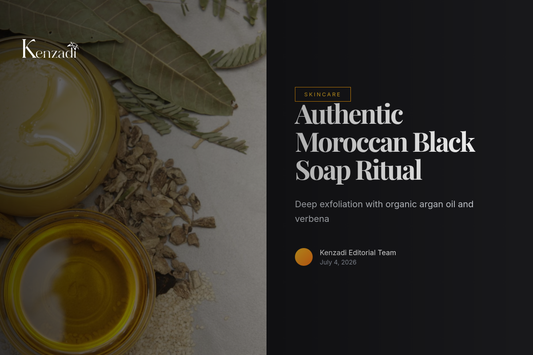 A jar of dark Moroccan black soap paste with argan oil next to a kessa glove and fresh