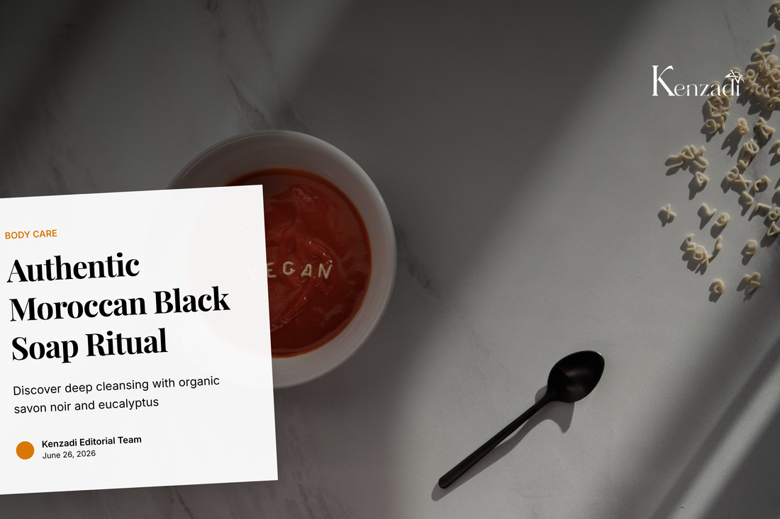 A close-up of dark green Moroccan black soap paste in a ceramic bowl, with fresh eucalyptus leaves and