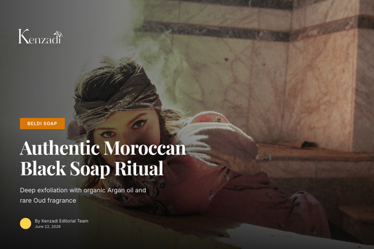 A textured jar of dark Moroccan black soap paste with a wooden scoop on a stone surface, with
