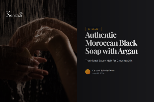 Jar of Argan'It organic Moroccan black soap (Savon Noir) with argan oil and verbena, surrounded by hammam accessories