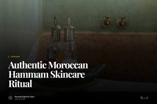 A glass jar of Moroccan black soap next to a Kessa glove and fresh verbena leaves