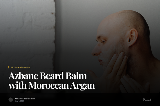 Close-up of a man's hands applying beard balm to a full, well-shaped beard, with a jar of Azbane