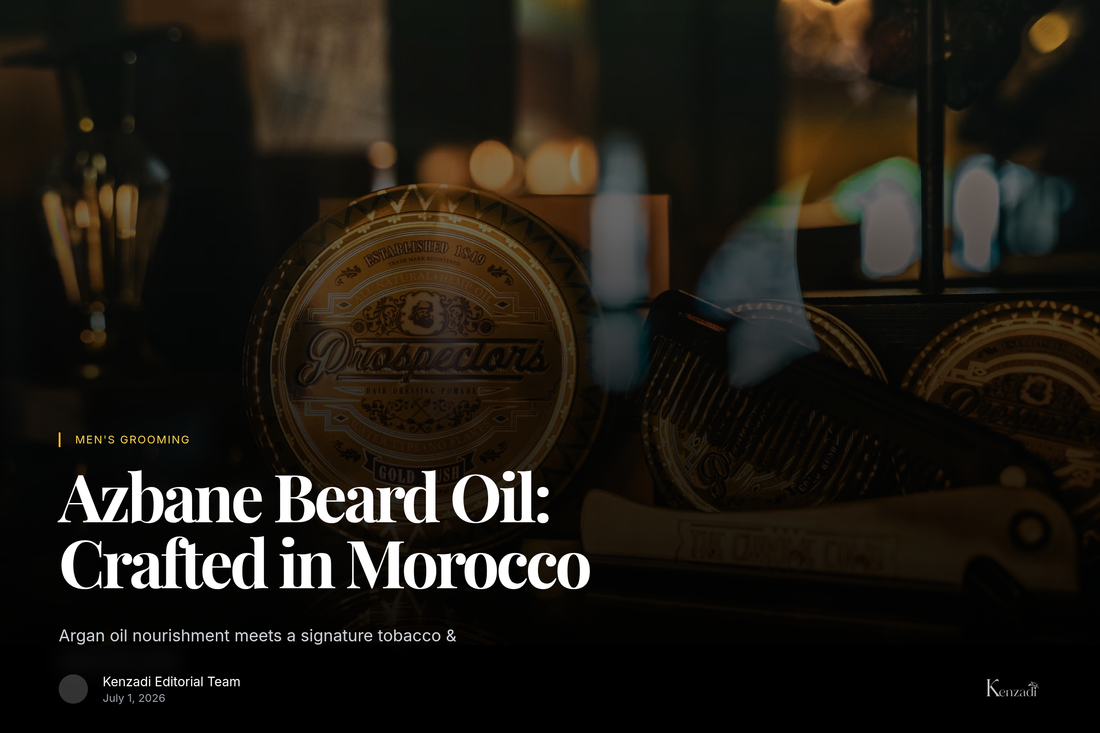 Close-up of the Azbane Premium Beard Oil glass bottle with dropper, next to sprigs of rosemary and dried