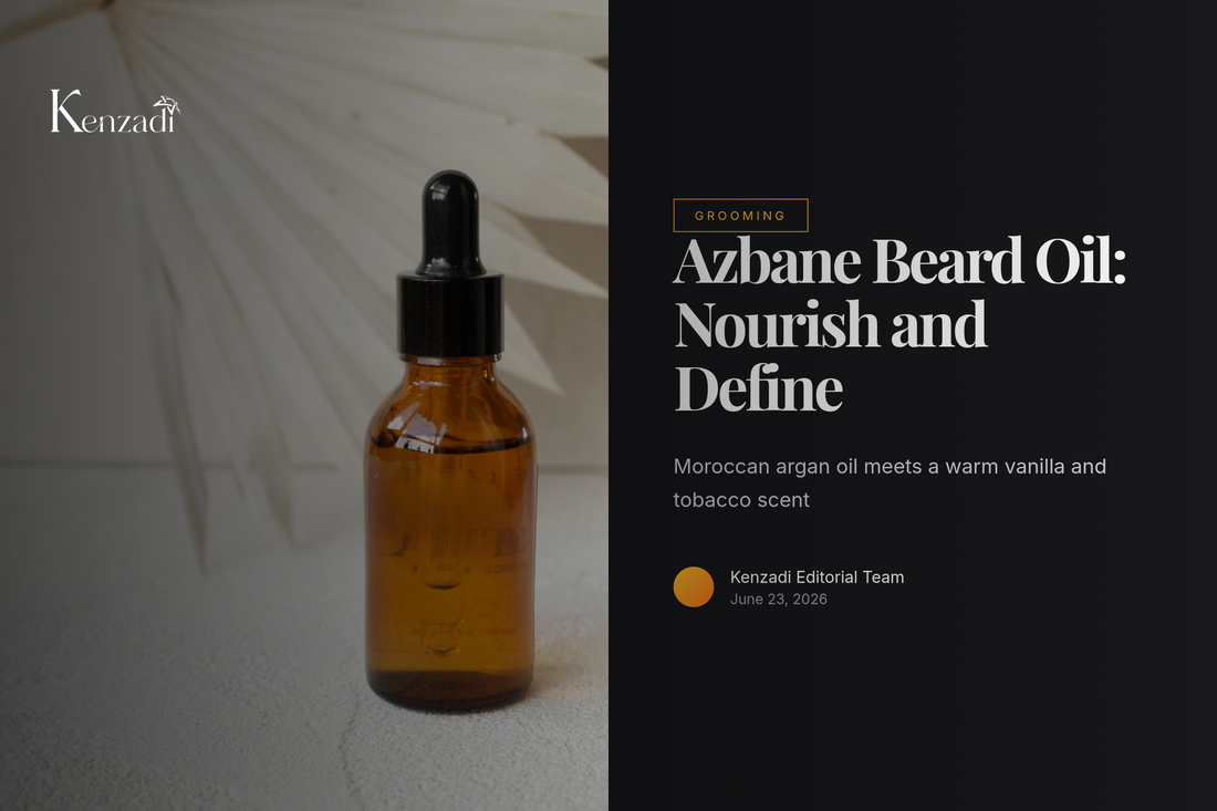 A bottle of Azbane Vanilla & Tobacco Beard Oil next to a beard comb on a textured wooden
