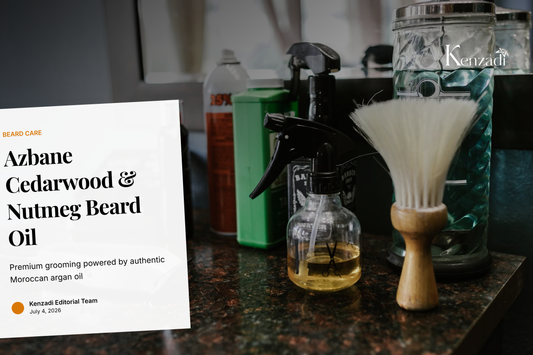 A bottle of Azbane beard oil with a dropper next to a well-groomed beard on a textured wooden