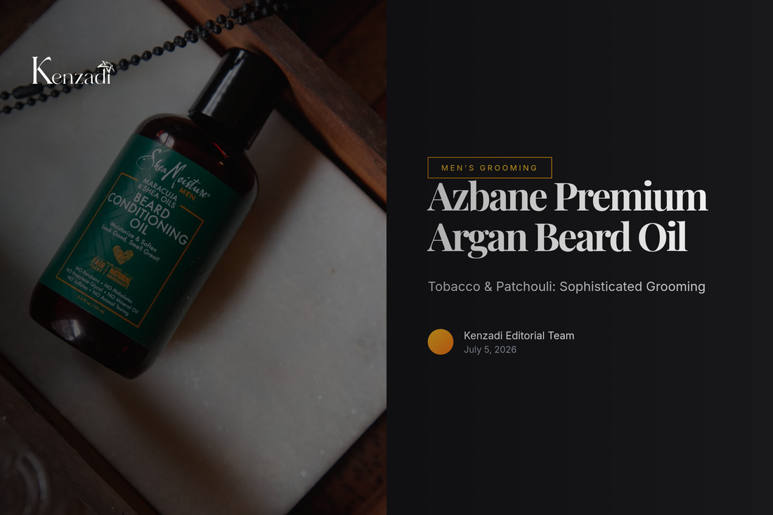 A dark glass bottle of Azbane Premium Tobacco & Patchouli Beard Oil with a luxurious beard in the
