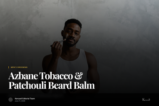 Close-up of Azbane Tobacco & Patchouli beard balm container with a styled beard in the background.