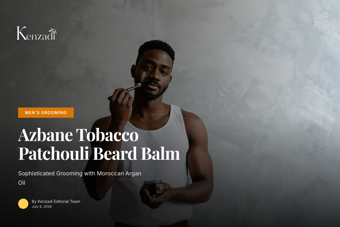Close-up of a masculine hand applying Azbane Tobacco & Patchouli beard balm to a well-groomed beard