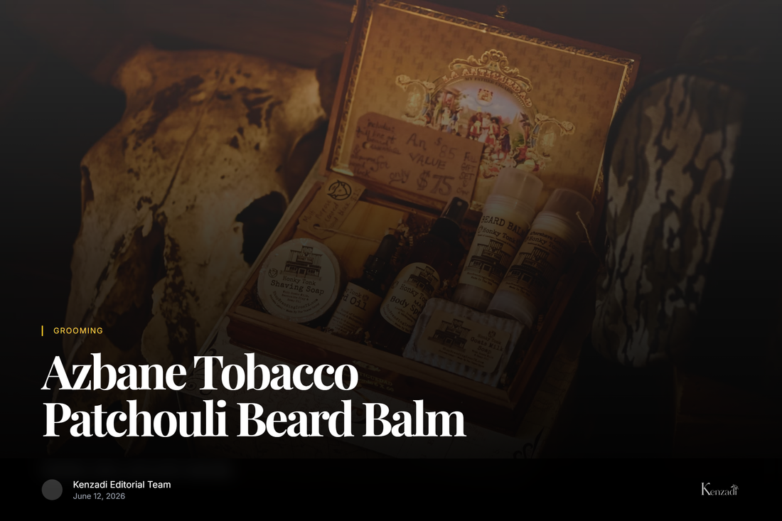 Open jar of Tobacco & Patchouli scented beard balm by Azbane, showing golden gel texture with a wooden