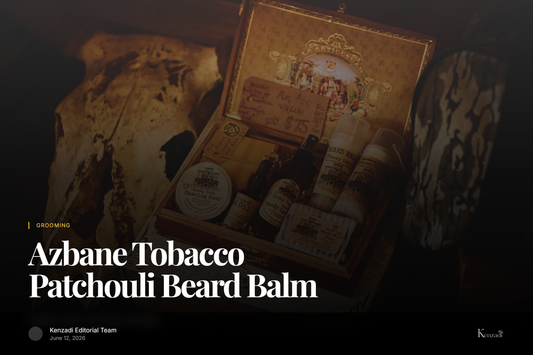 Open jar of Tobacco & Patchouli scented beard balm by Azbane, showing golden gel texture with a wooden