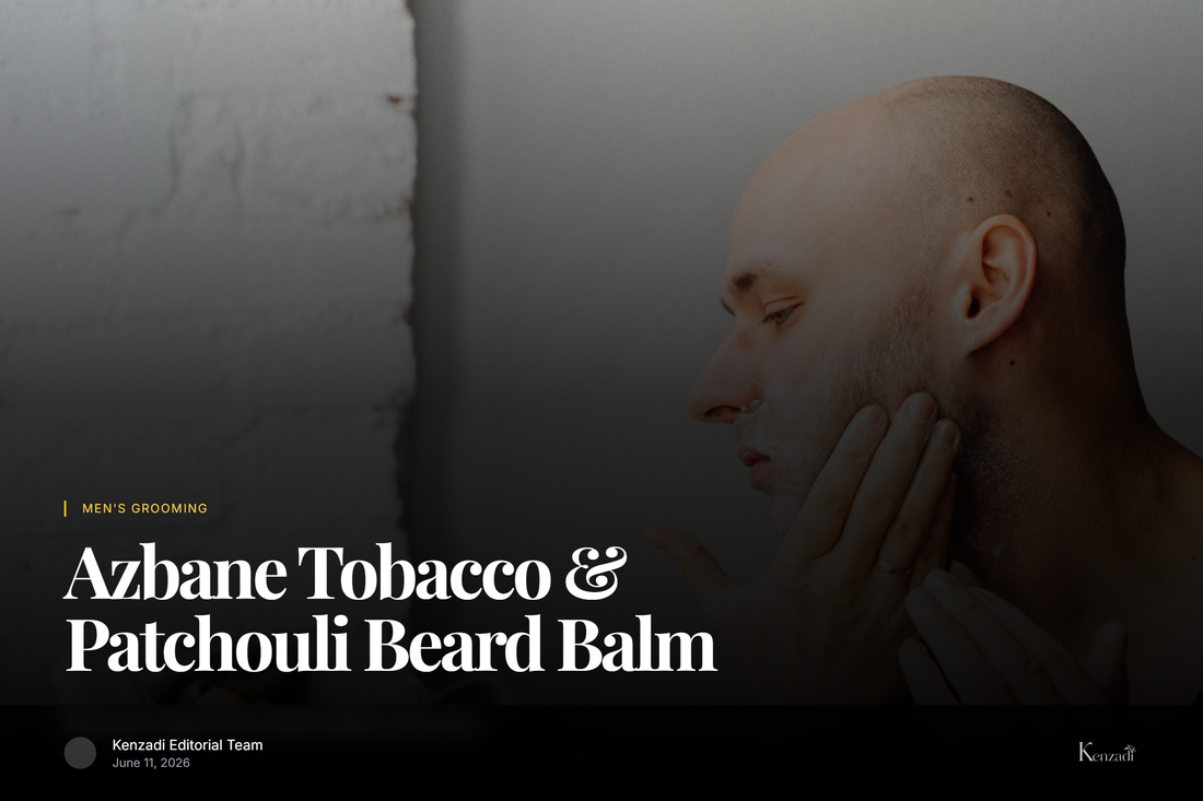 Close-up of a stylish man applying Azbane beard balm to his well-groomed beard