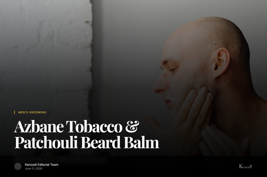 Close-up of a stylish man applying Azbane beard balm to his well-groomed beard
