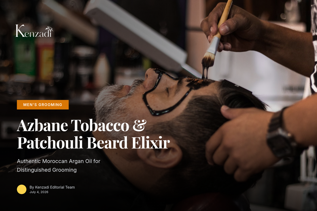 Bottle of Azbane Tobacco & Patchouli Beard Oil with argan nuts, a wooden comb, and dried tobacco leaves,