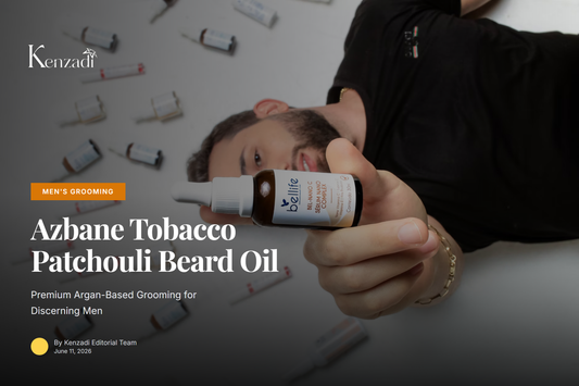 Close-up of Azbane Tobacco & Patchouli beard oil bottle with a well-groomed beard in the background.