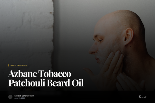 Close-up of a masculine hand applying Azbane Tobacco & Patchouli Beard Oil to a well-groomed beard