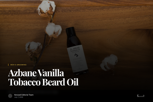 Close-up of a well-groomed beard with a bottle of Azbane Vanilla & Tobacco Beard Oil and a subtle