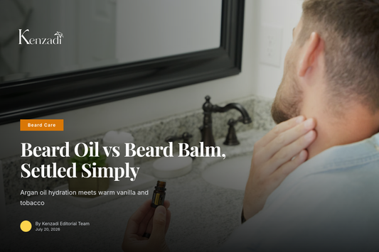Bottle of Vanilla and Tobacco Scented Beard Oil with Argan Oil Base next to a trimmed beard