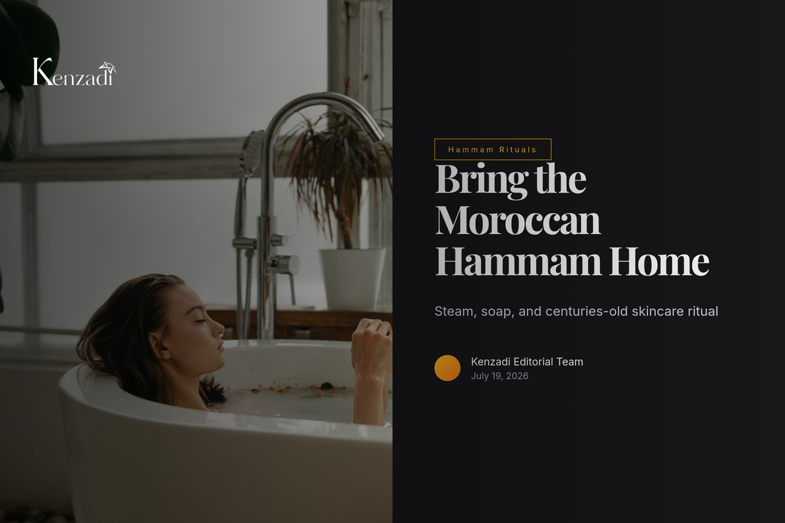 Organic Moroccan black soap with argan oil and verbena displayed in a steamy hammam-style bathroom
