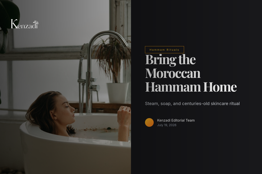 Organic Moroccan black soap with argan oil and verbena displayed in a steamy hammam-style bathroom