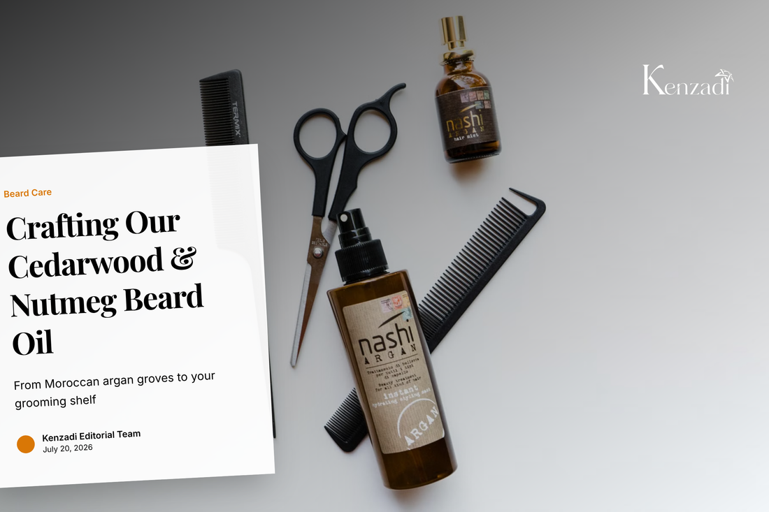 Bottle of Cedarwood & Nutmeg argan oil beard oil next to argan nuts