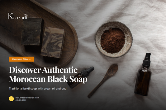 Jar of Argan'It Organic Moroccan Black Soap with Oud on a hammam towel