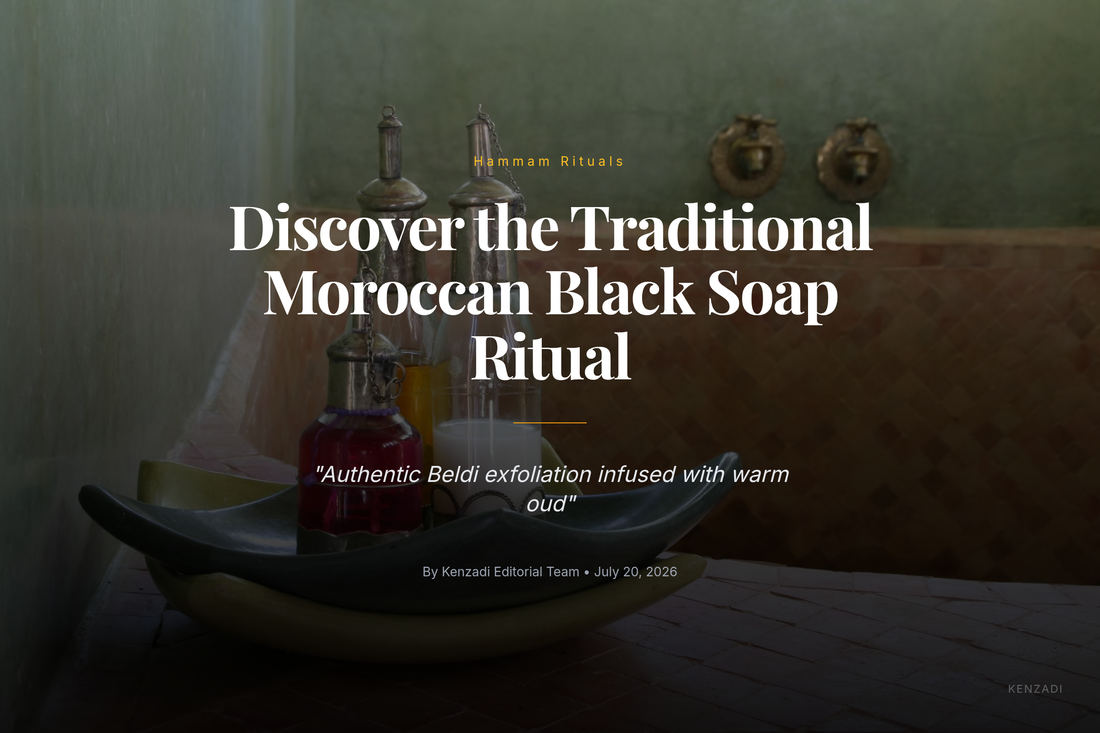 Jar of Argan'It Organic Moroccan Black Soap with Oud beside a hammam Kessa glove