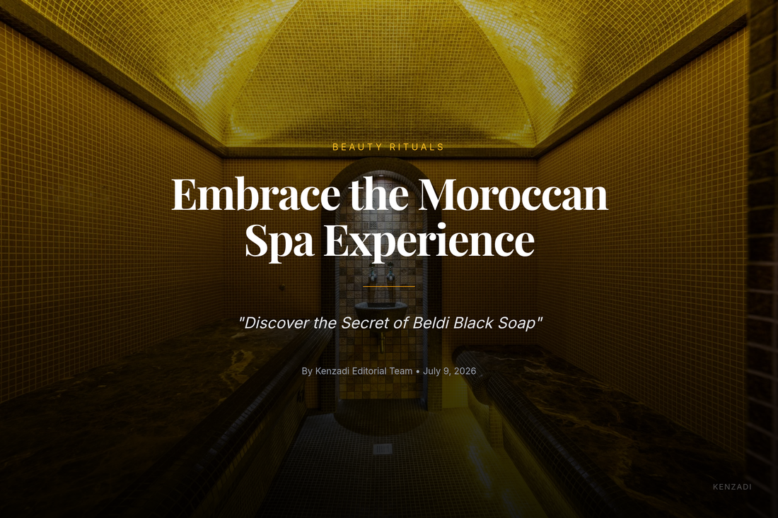 Traditional Moroccan black soap paste in a jar with fresh verbena leaves and an argan oil bottle on