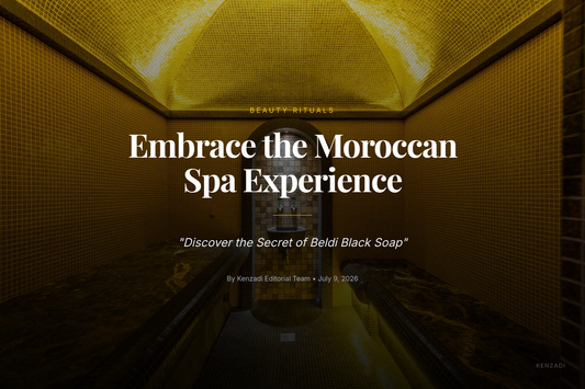 Traditional Moroccan black soap paste in a jar with fresh verbena leaves and an argan oil bottle on
