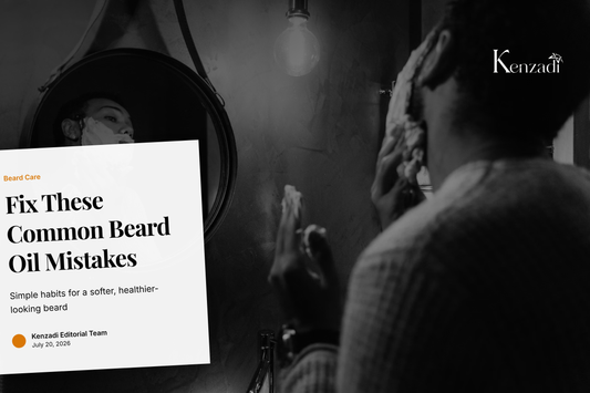 Bottle of Azbane Premium Argan-Based Beard Oil in tobacco and patchouli scent placed next to a groomed beard