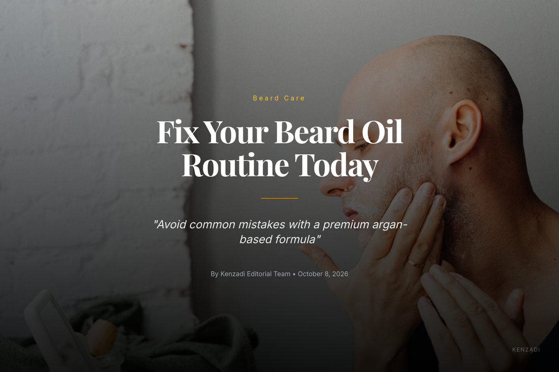 Bottle of Azbane Cedarwood & Nutmeg argan-based beard oil next to a beard grooming kit