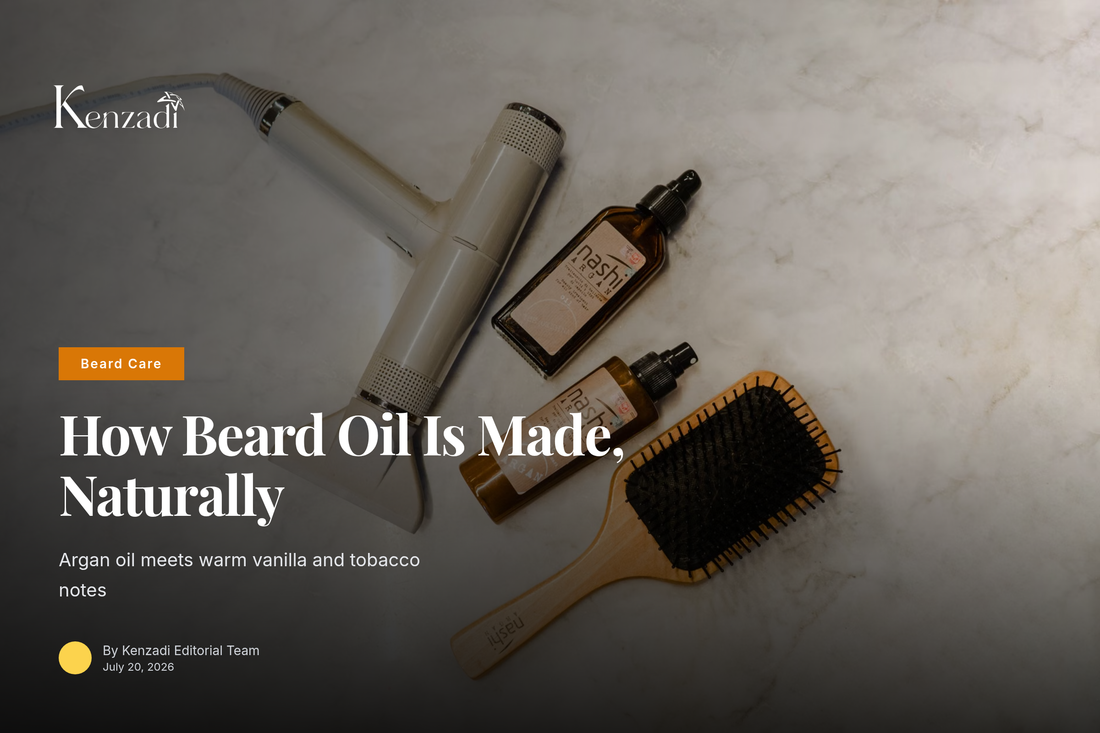 Bottle of Vanilla & Tobacco Scented Beard Oil with argan oil base beside beard grooming tools