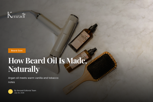 Bottle of Vanilla & Tobacco Scented Beard Oil with argan oil base beside beard grooming tools