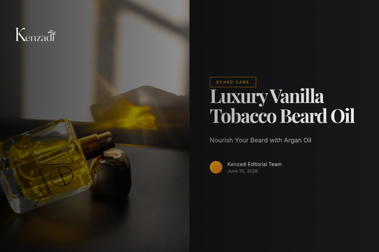 A bottle of vanilla and tobacco scented beard oil with argan oil base placed on a wooden surface