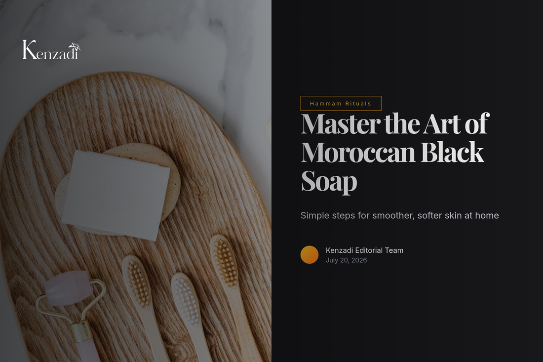 Bar of Moroccan black soap with rose petals and eucalyptus leaves on a marble surface