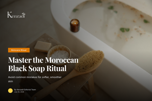 Moroccan black soap with rose, neroli, and eucalyptus scents displayed in a Hammam setting