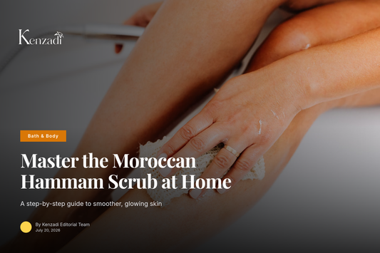 Hands using a Moroccan exfoliating glove to scrub skin during a hammam-style routine