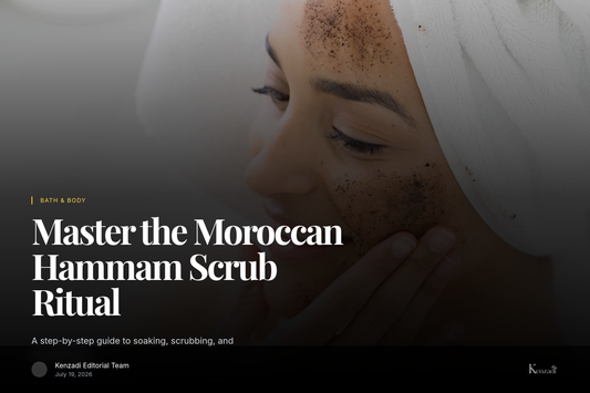 Hands using a Moroccan exfoliating glove to scrub skin during a hammam-style bath routine