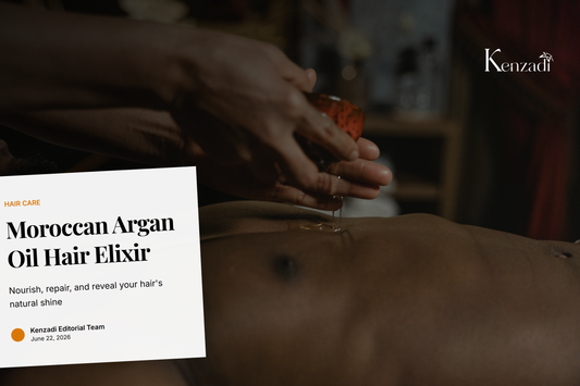 A hand pouring golden Moroccan argan oil onto a woman's long, healthy brown hair in a serene, light-filled